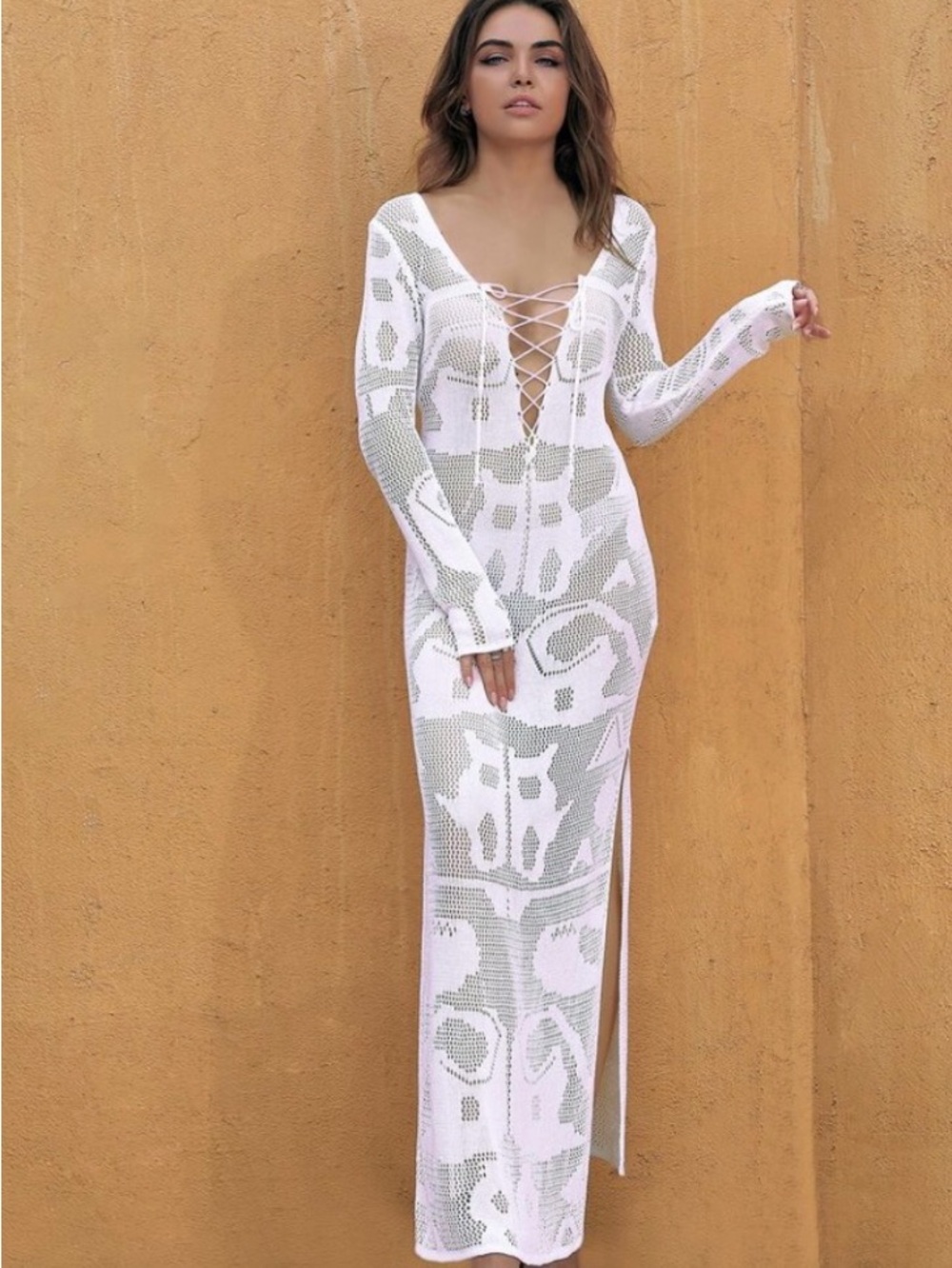 Lace-Up White Crochet Maxi Dress with Side Slit